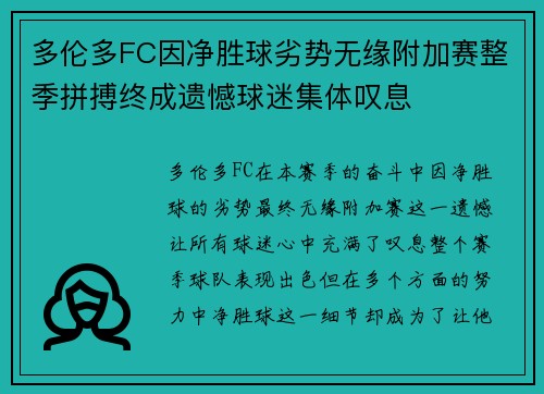 多伦多FC因净胜球劣势无缘附加赛整季拼搏终成遗憾球迷集体叹息