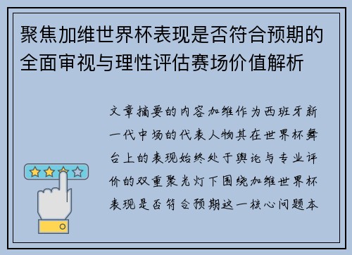 聚焦加维世界杯表现是否符合预期的全面审视与理性评估赛场价值解析