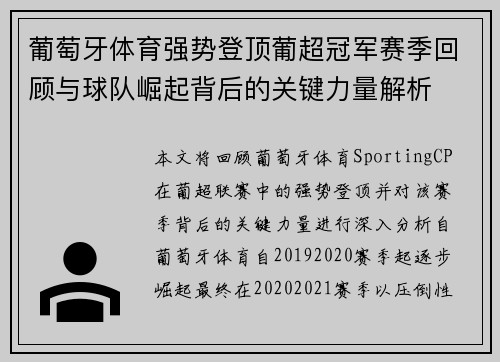 葡萄牙体育强势登顶葡超冠军赛季回顾与球队崛起背后的关键力量解析